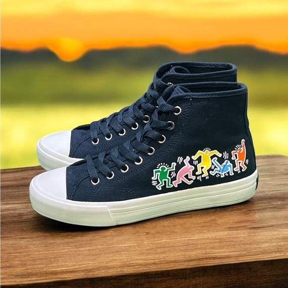 Shoes - H & M Keith Haring Black Canvas High Top Sneaker Shoes Size 7.5 Women.